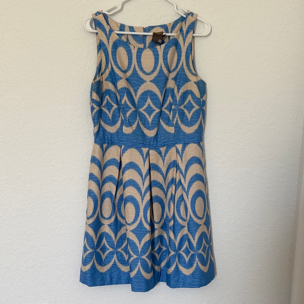 Taylor Blue and Cream Geometric Patterned Spring Sleeveless Dress 10💕